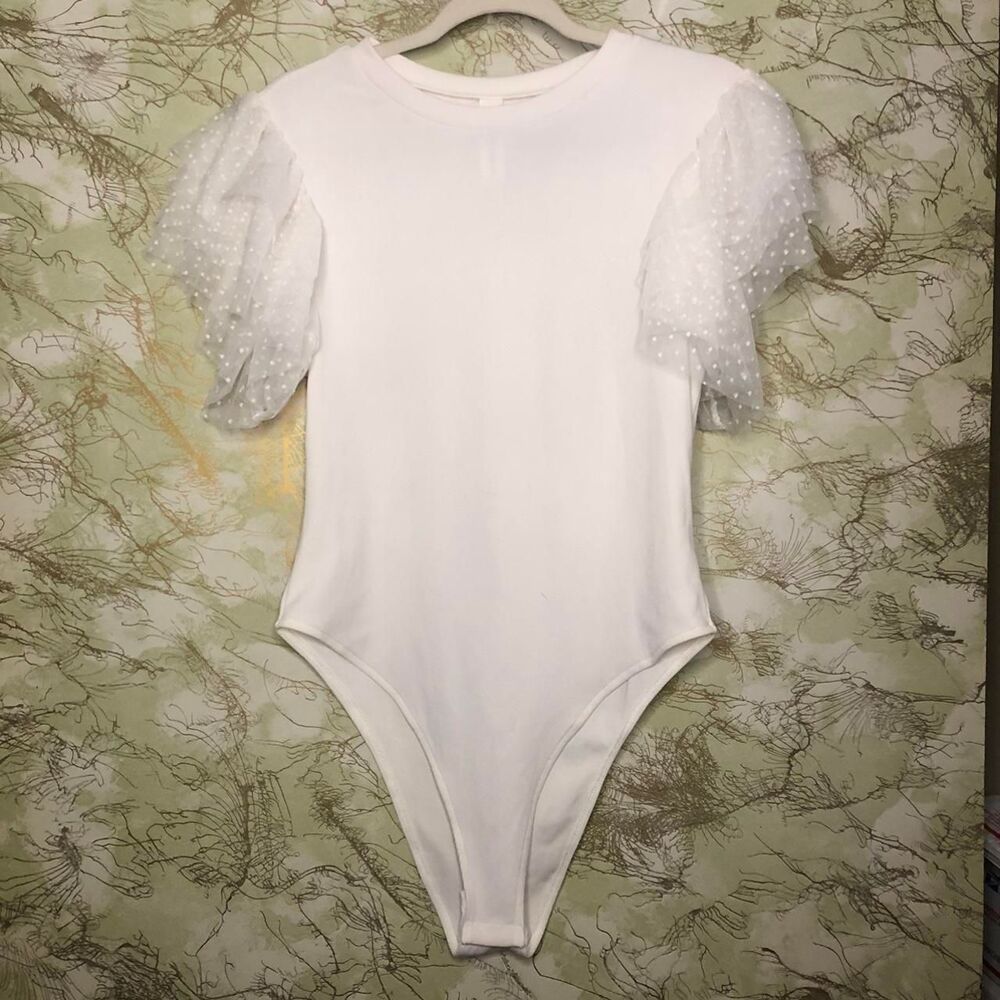 Blooming Women’s White Bodysuit L Sheer Puff Sleeve Polka Dot Mesh Elegant